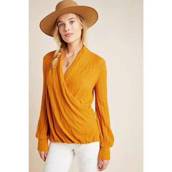 Anthropologie Maeve Rafela Hacci Surplice Top Womens XS Long Sleeve Brown - Picture 1 of 14